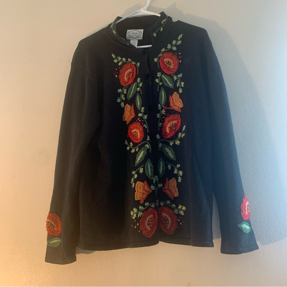 Vintage Stitched In Time Embroidered Floral Ramie Cardigan Size Medium